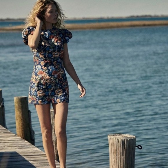 Doen Floral Puff Sleeve Dress - Blue and Red - Picture 2 of 11